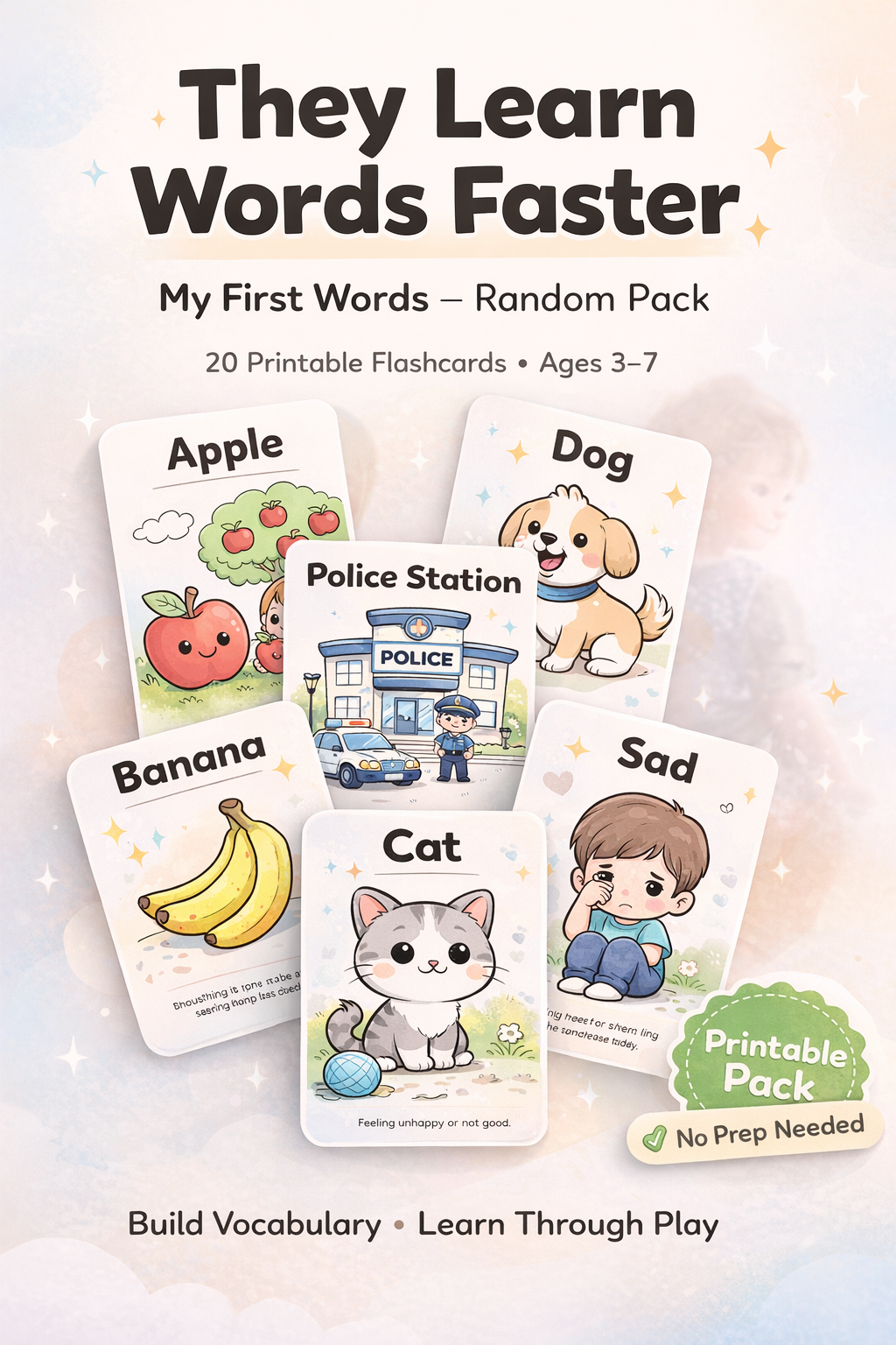 My First Words Random Pack – 20 Printable Flashcards for Kids (Ages 3–7) | Build Vocabulary with Simple Sentences & Cute Illustrations