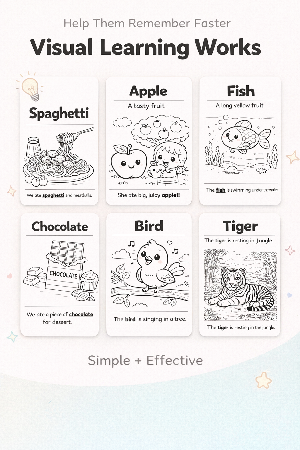 My First Words Random Pack – 20 Printable Flashcards for Kids (Ages 3–7) | Build Vocabulary with Simple Sentences & Cute Illustrations