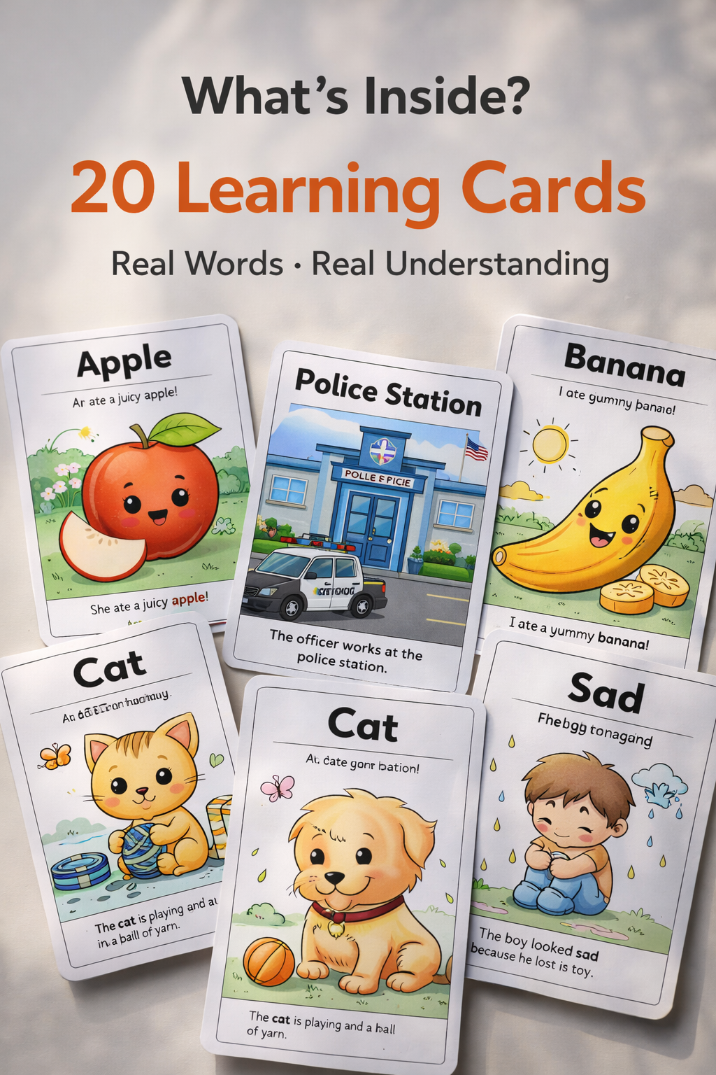 My First Words Random Pack – 20 Printable Flashcards for Kids (Ages 3–7) | Build Vocabulary with Simple Sentences & Cute Illustrations
