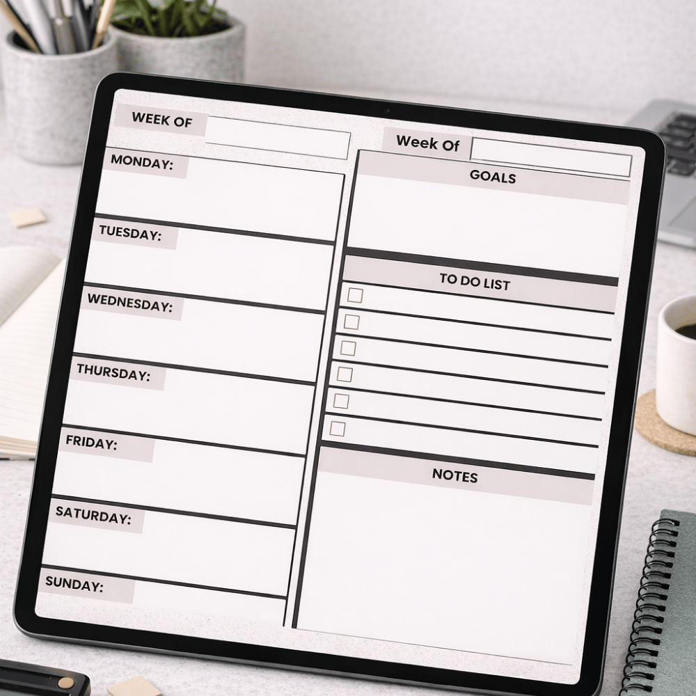 Student planner layout with class schedule, timetable, and study tracker pages