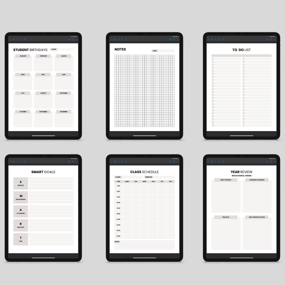 Study planner pages including goal setting, notes, and lecture planning sections