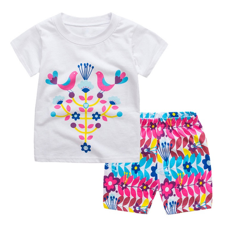 Girls summer sleepwear set with colorful bird graphic t-shirt and shorts