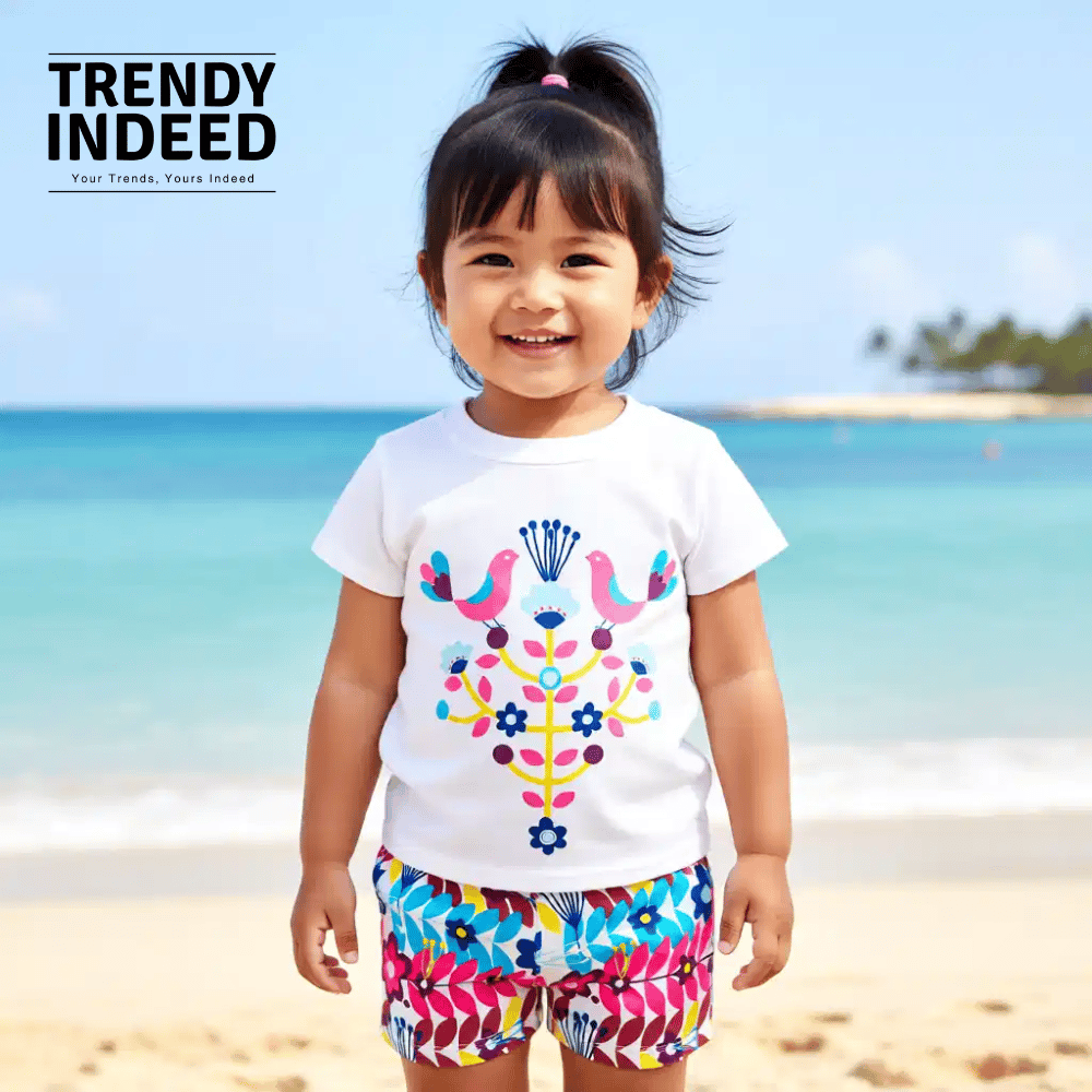 Cartoon bird cotton sleepwear set for girls summer home outfit
