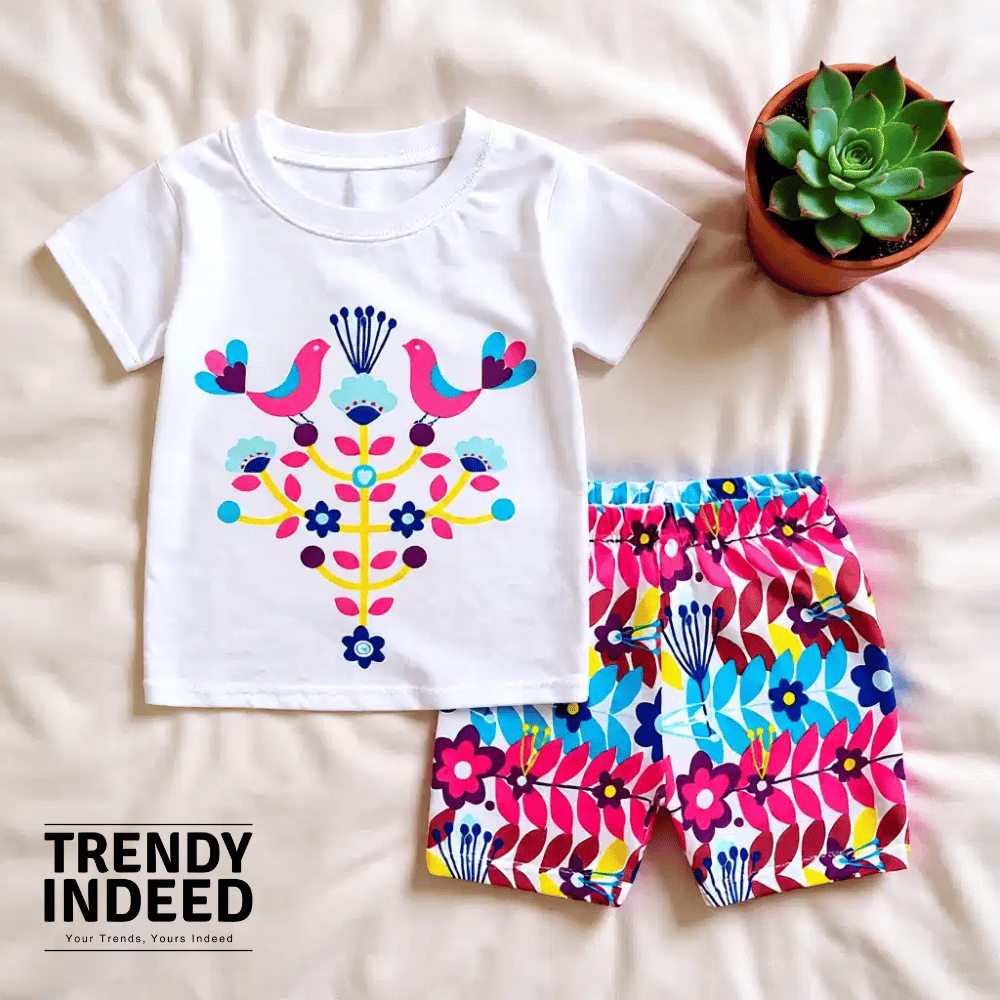 Toddler short sleeve pajama set with bright bird design and printed shorts