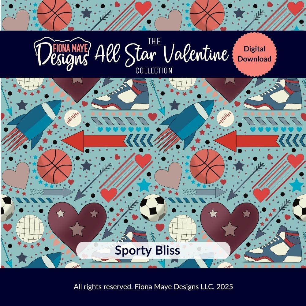 Pattern preview featuring basketballs, soccer balls, baseballs, sneakers, arrows, and hearts in red, blue, and gray tones, shown as a digital‑download design.