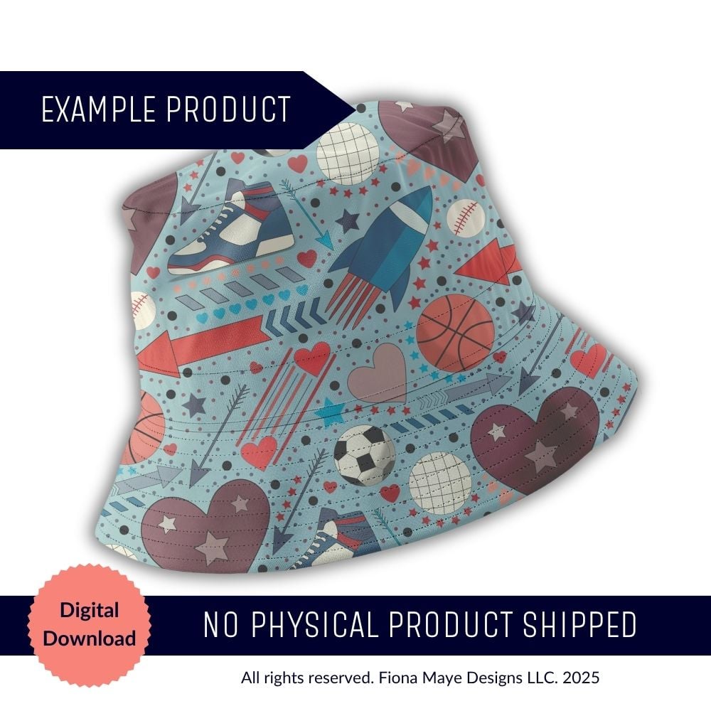 Bucket hat mockup featuring a light blue sports‑themed pattern with balls, sneakers, rockets, stars, hearts, and arrows, shown as a digital‑download example.