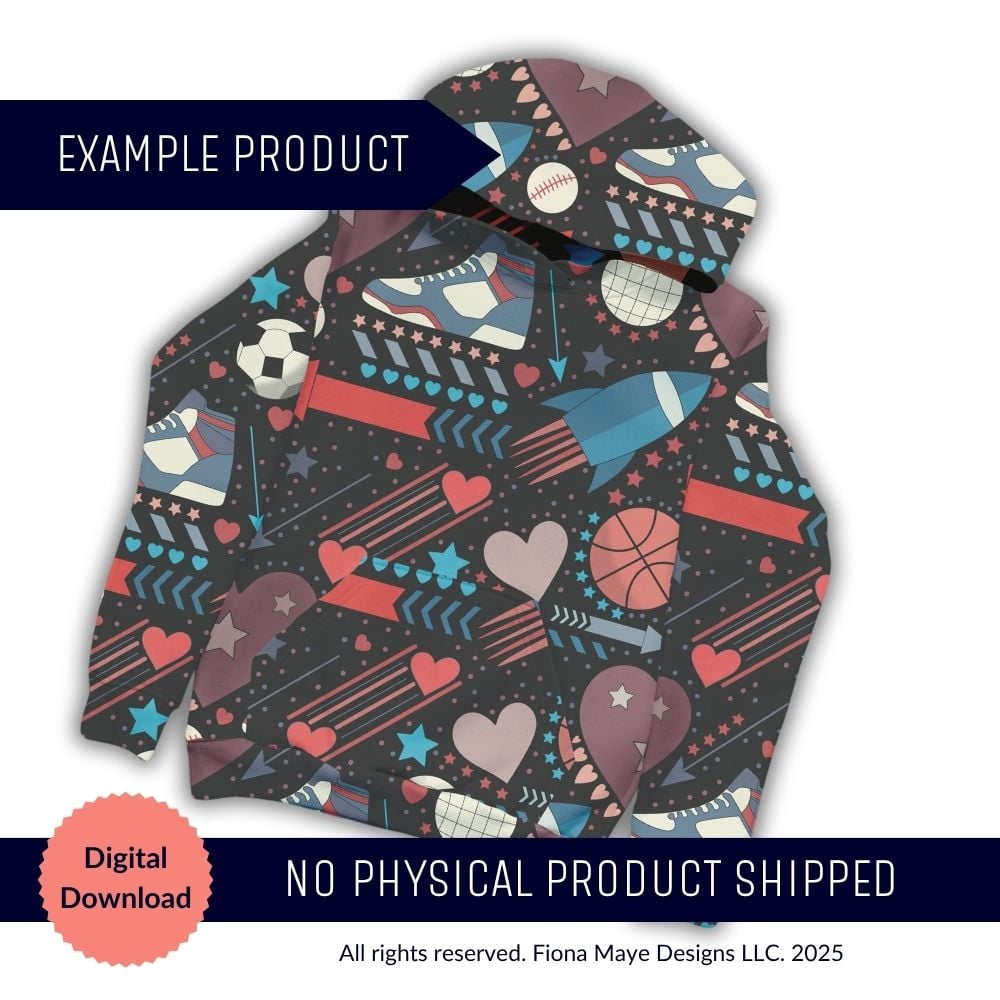 “Hoodie mockup featuring a dark sports‑themed pattern with sneakers, balls, rockets, hearts, and stars, shown as a digital‑download example with no physical product shipped.”