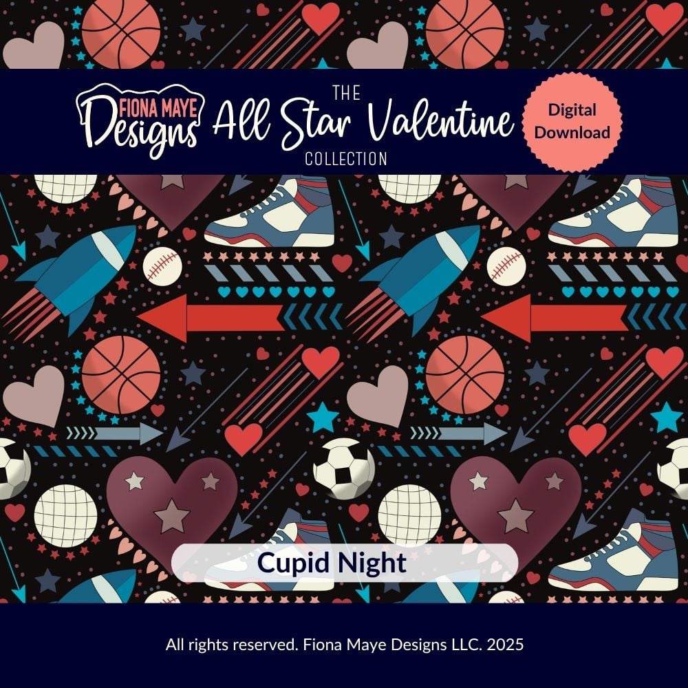 Pattern preview featuring basketballs, soccer balls, rockets, sneakers, hearts, and arrows in a dark geometric layout, shown as a digital‑download design.
