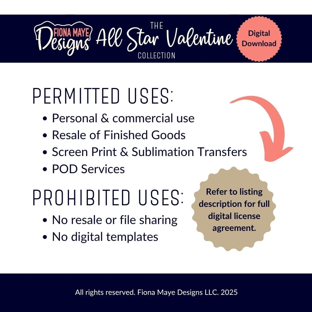 License info graphic outlining permitted and prohibited uses for the digital download with branding and note to review full terms.