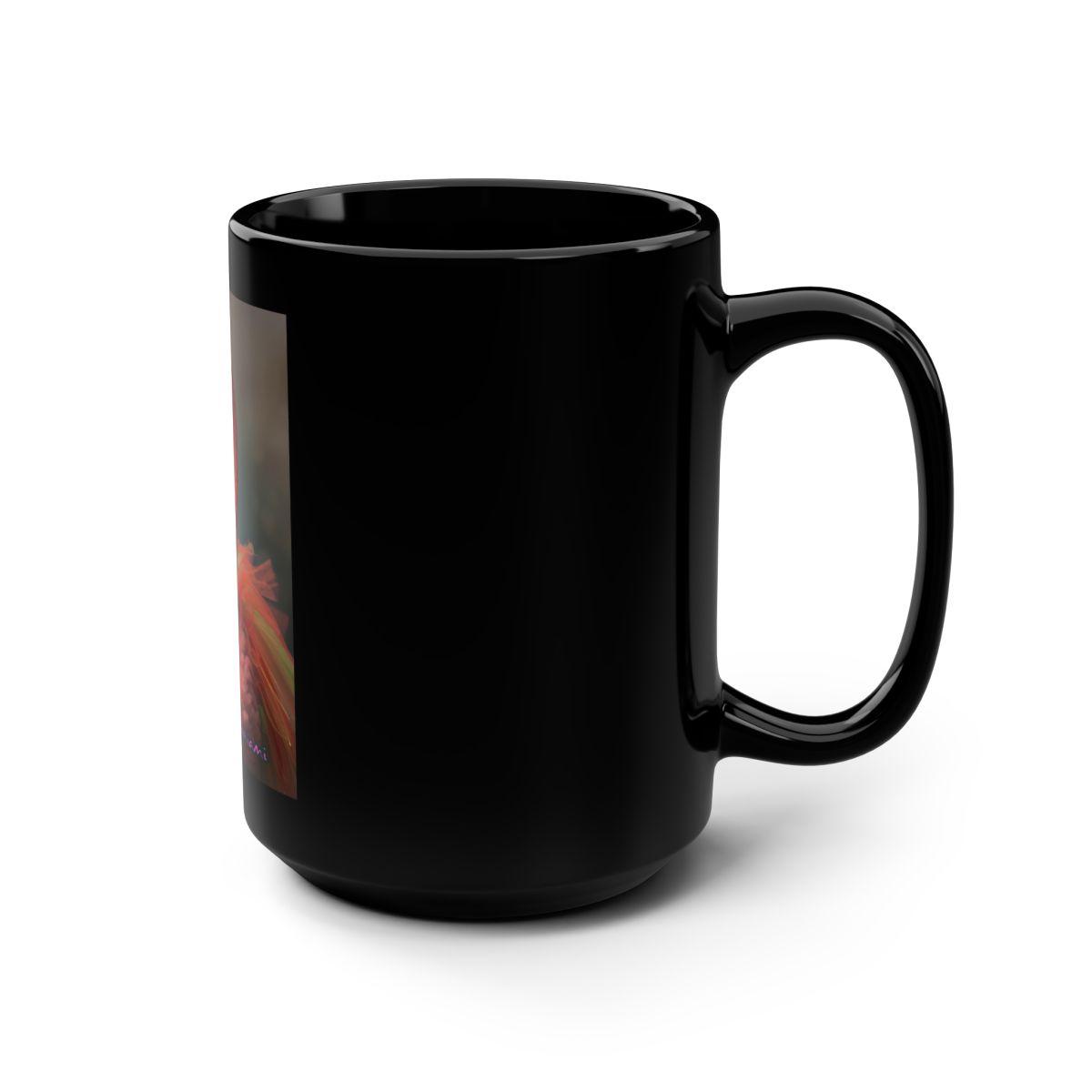 “Side angle of cafecito couture design printed in vibrant tones on glossy black mug.”