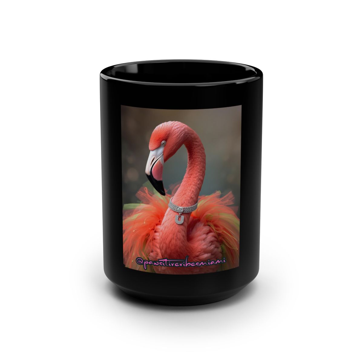 “Front view of glossy ceramic mug featuring bold Miami‑style ‘Sip Your Cafecito Like It’s Couture’ artwork.”