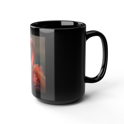 “Side angle of cafecito couture design printed in vibrant tones on glossy black mug.”