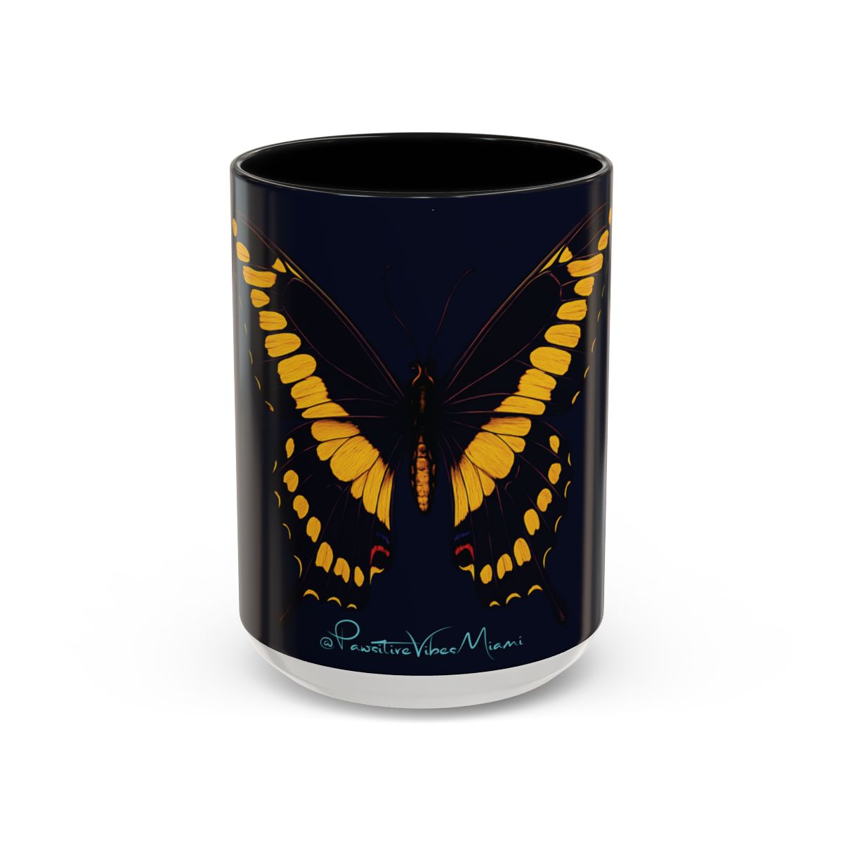 “Front view of ceramic mug featuring a soft swallowtail butterfly in nature‑inspired artwork.”