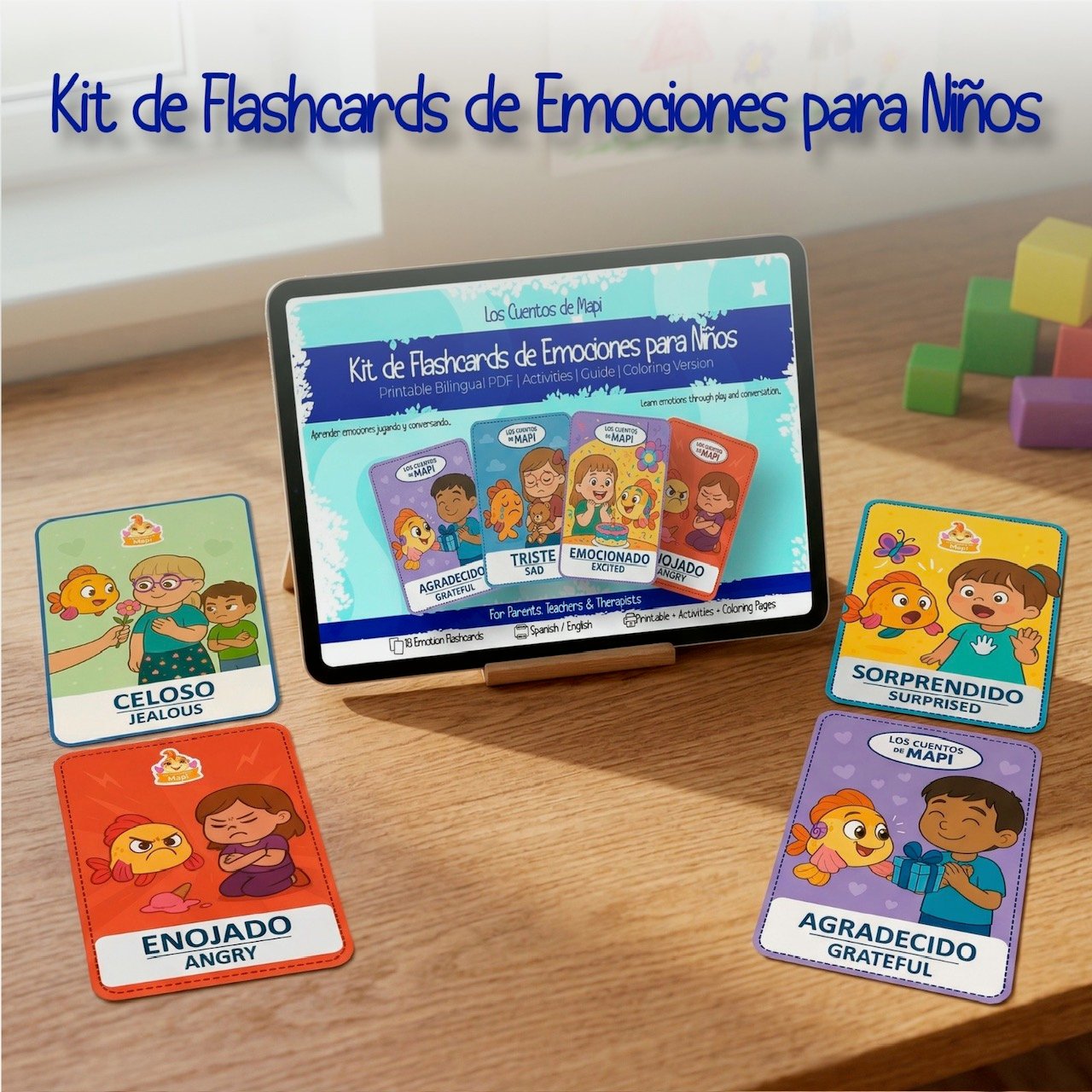 Tarjetas de Emociones con Mapi | Flashcards imprimibles bilingües para ...