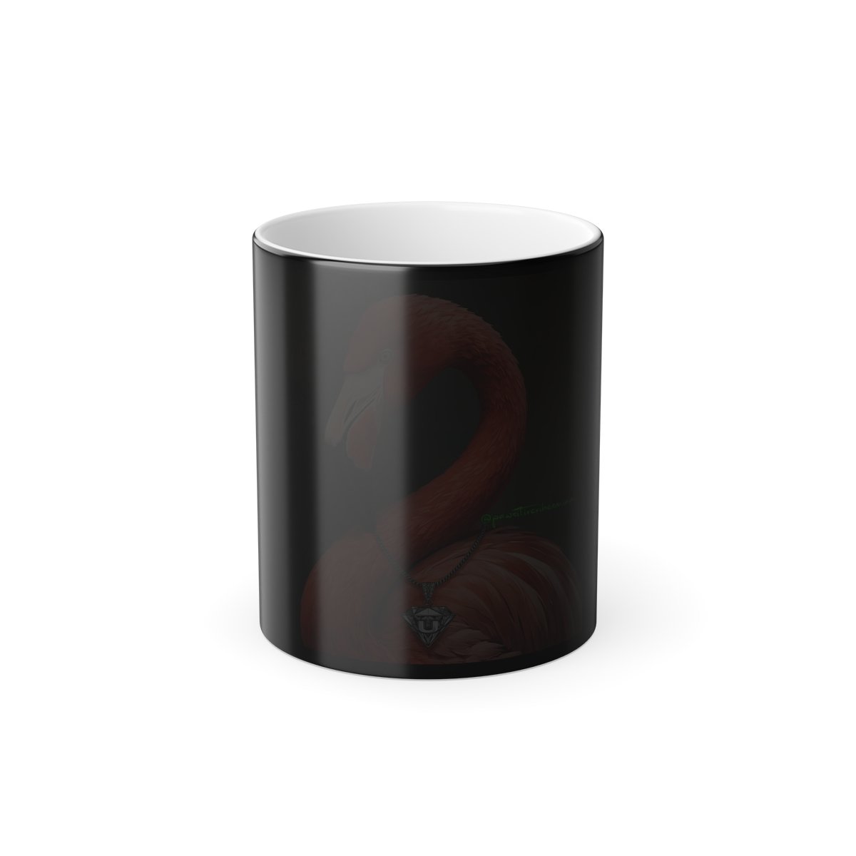 “Color‑changing mug revealing vibrant flamingo storm artwork in Miami tones.”