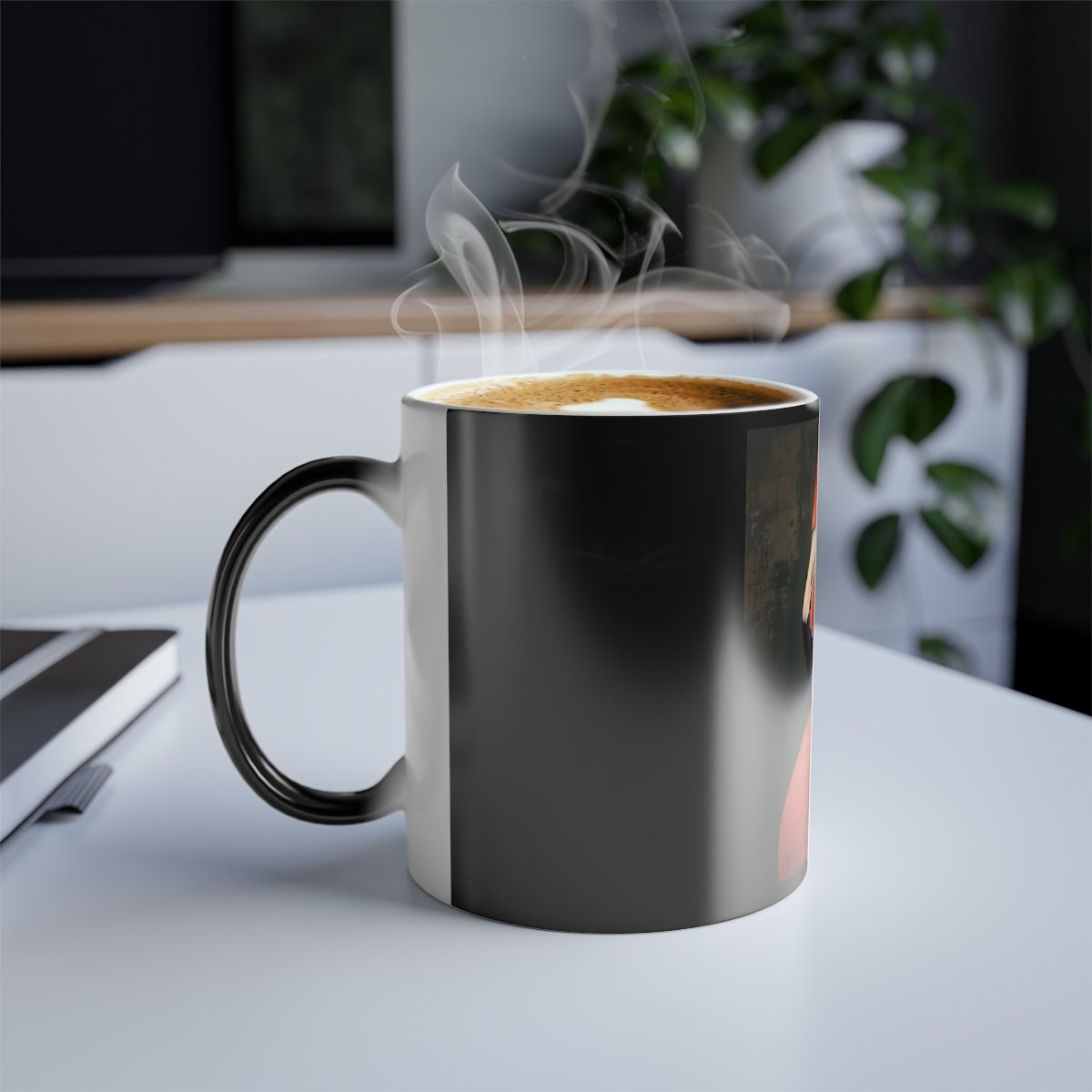 “Glossy black mug revealing storm‑inspired flamingo illustration when warm.”