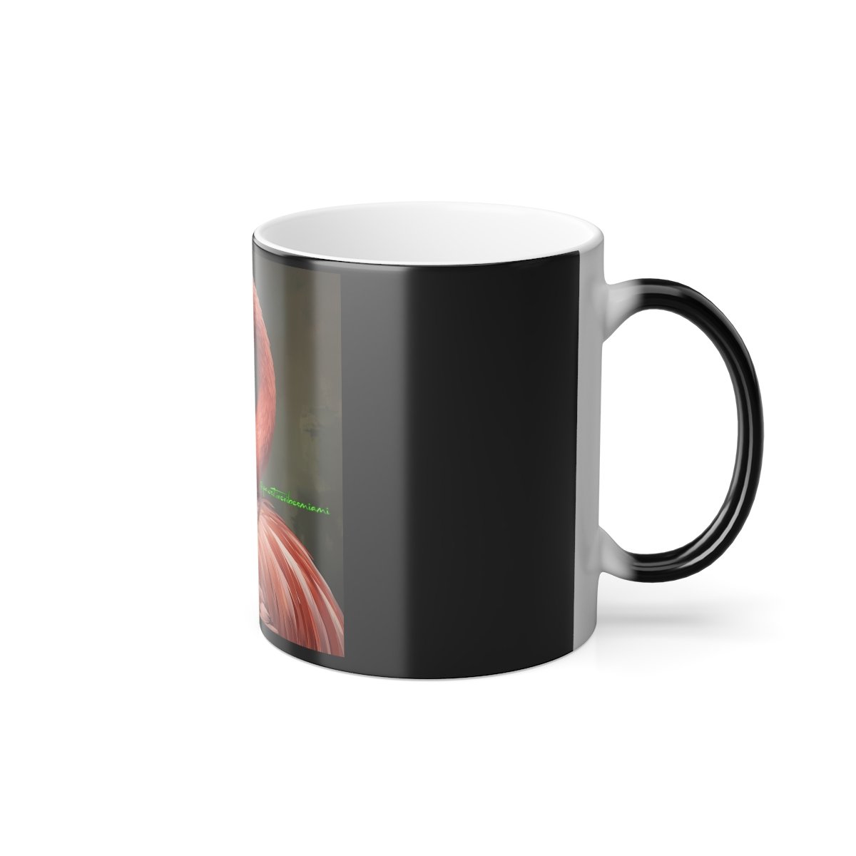 “Color‑changing mug featuring flamingo artwork that appears with warm liquid, inspired by Miami hurricane energy.”