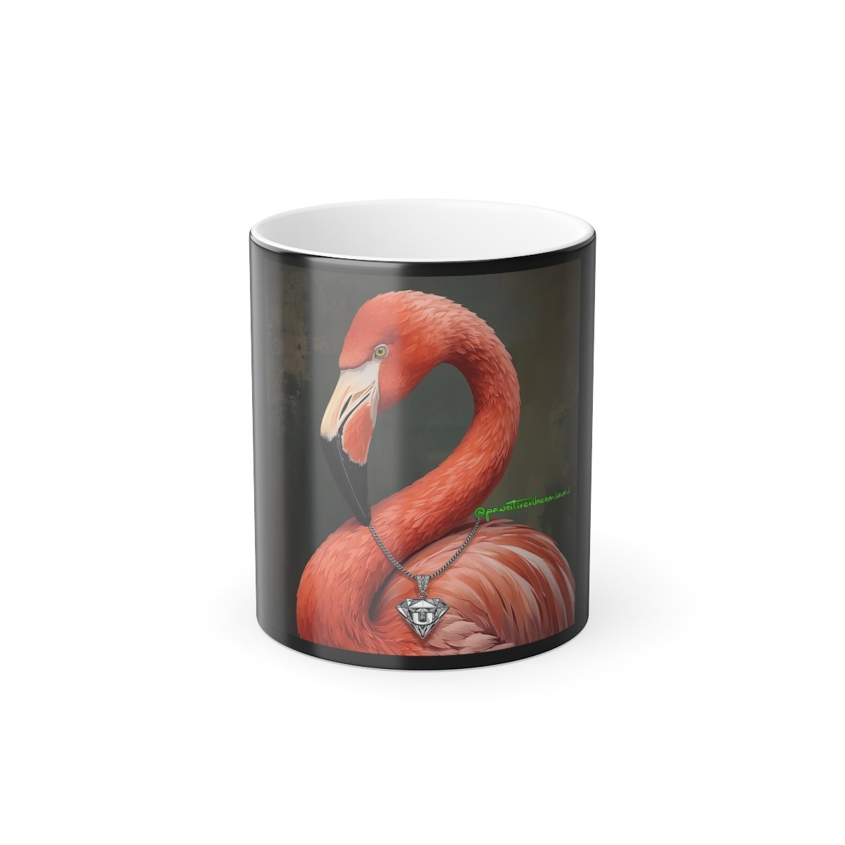 “Front view of color‑changing mug revealing a vibrant flamingo surrounded by hurricane‑aura colors when hot.”