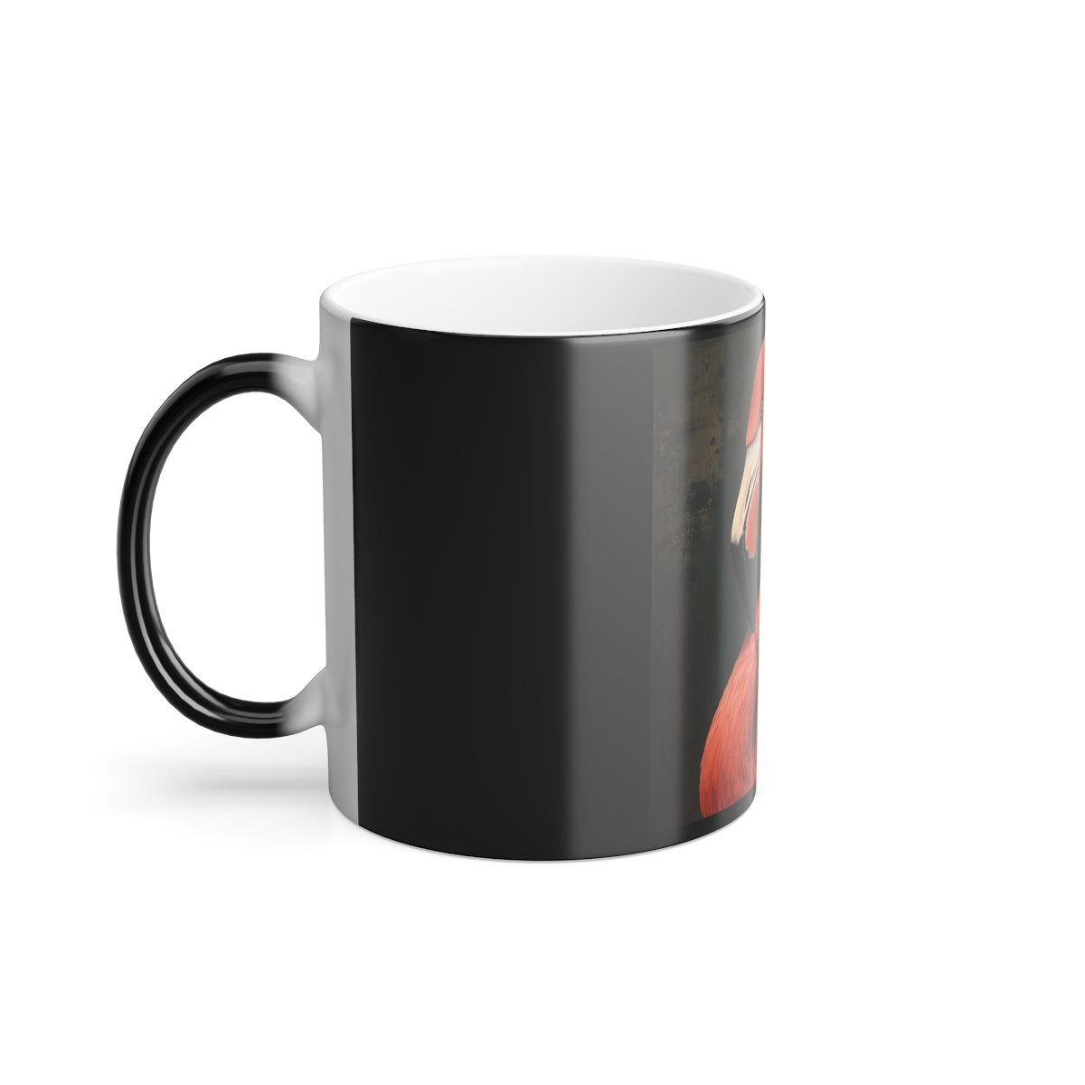 “Close‑up of heat‑activated flamingo design with neon storm aura on glossy ceramic mug.”