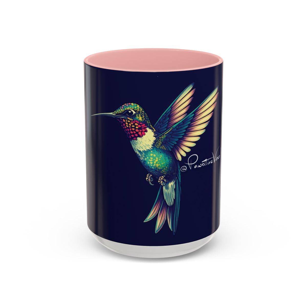 “Hummingbird design printed in warm, peaceful tones on ceramic mug.”
