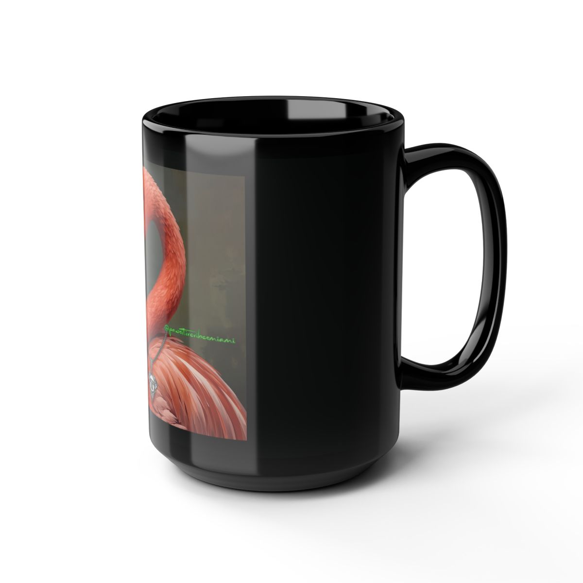 “Side angle of dark Miami‑inspired storm design printed on glossy black mug.”