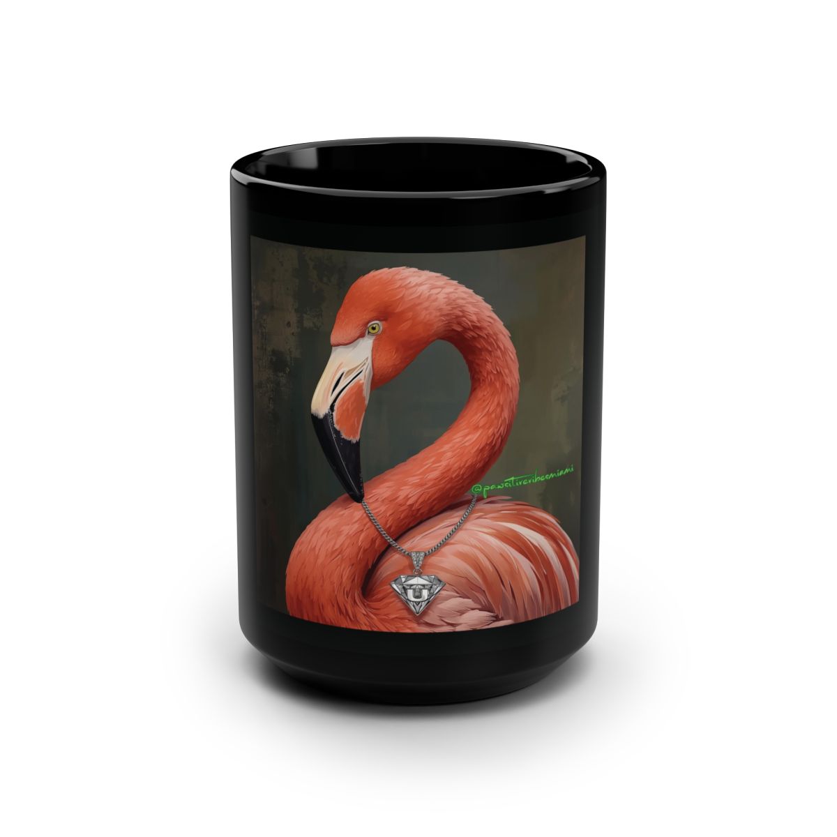 “Front view of glossy black ceramic mug featuring minimalist Hurricane Noir storm artwork.”