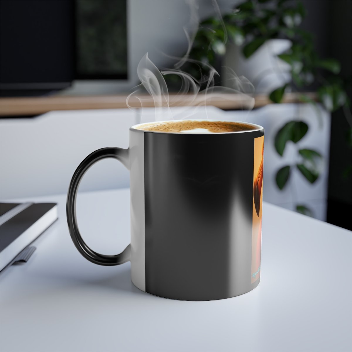 “Color‑changing ceramic mug showing a stylish flamingo with an aqua dolphin chain that appears with heat.”