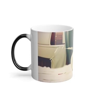 “Front view of color‑changing mug revealing angelic halo artwork in soft glowing tones when hot.”