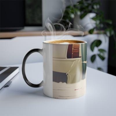 “Glossy black mug showing angelic halo illustration revealed by heat.”
