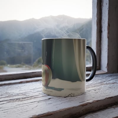 “Front view of color‑changing mug revealing angelic halo artwork in soft glowing tones when hot.”