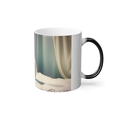 “Front view of color‑changing mug revealing angelic halo artwork in soft glowing tones when hot.”