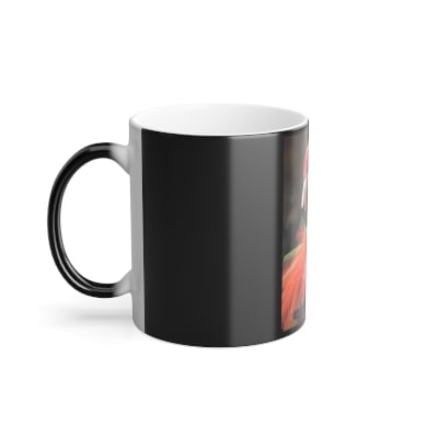 “Angled view of cafecito couture design glowing in neon pink and turquoise on heat‑reveal mug.”