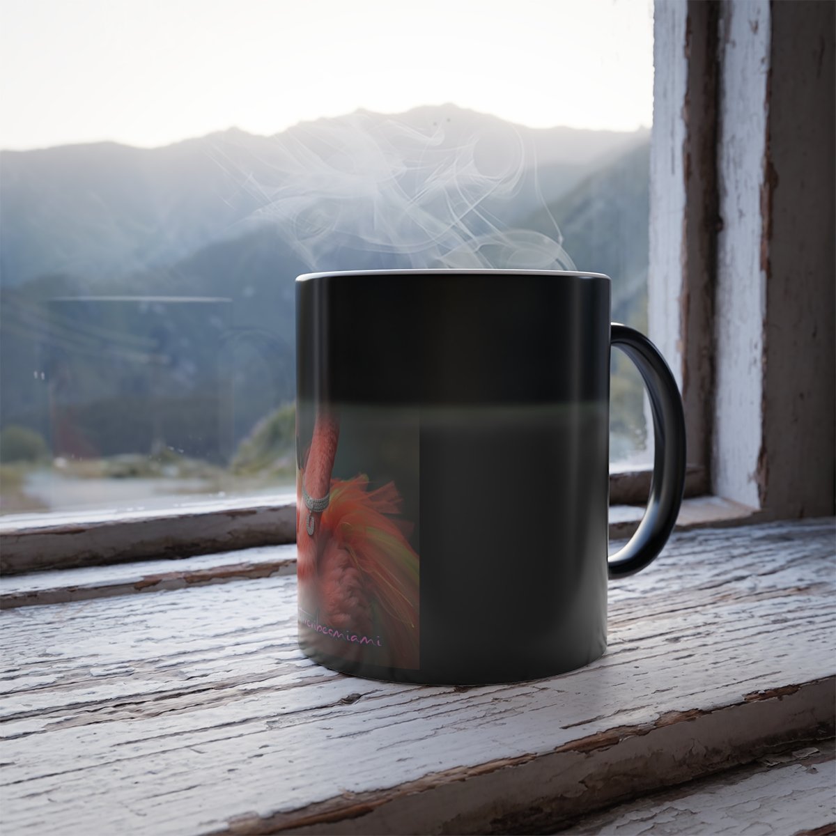 “Side angle of heat‑reveal cafecito design appearing in bold Miami colors as the mug warms.”
