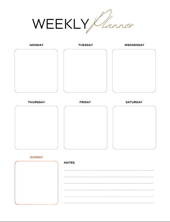 Clean weekly planner layout with sections for each day and notes to organize tasks, reduce overwhelm, and stay consistentMinimalist daily self-care journal page with gratitude list, water intake tracker, mood tracker, affirmation, and notes for mindful li