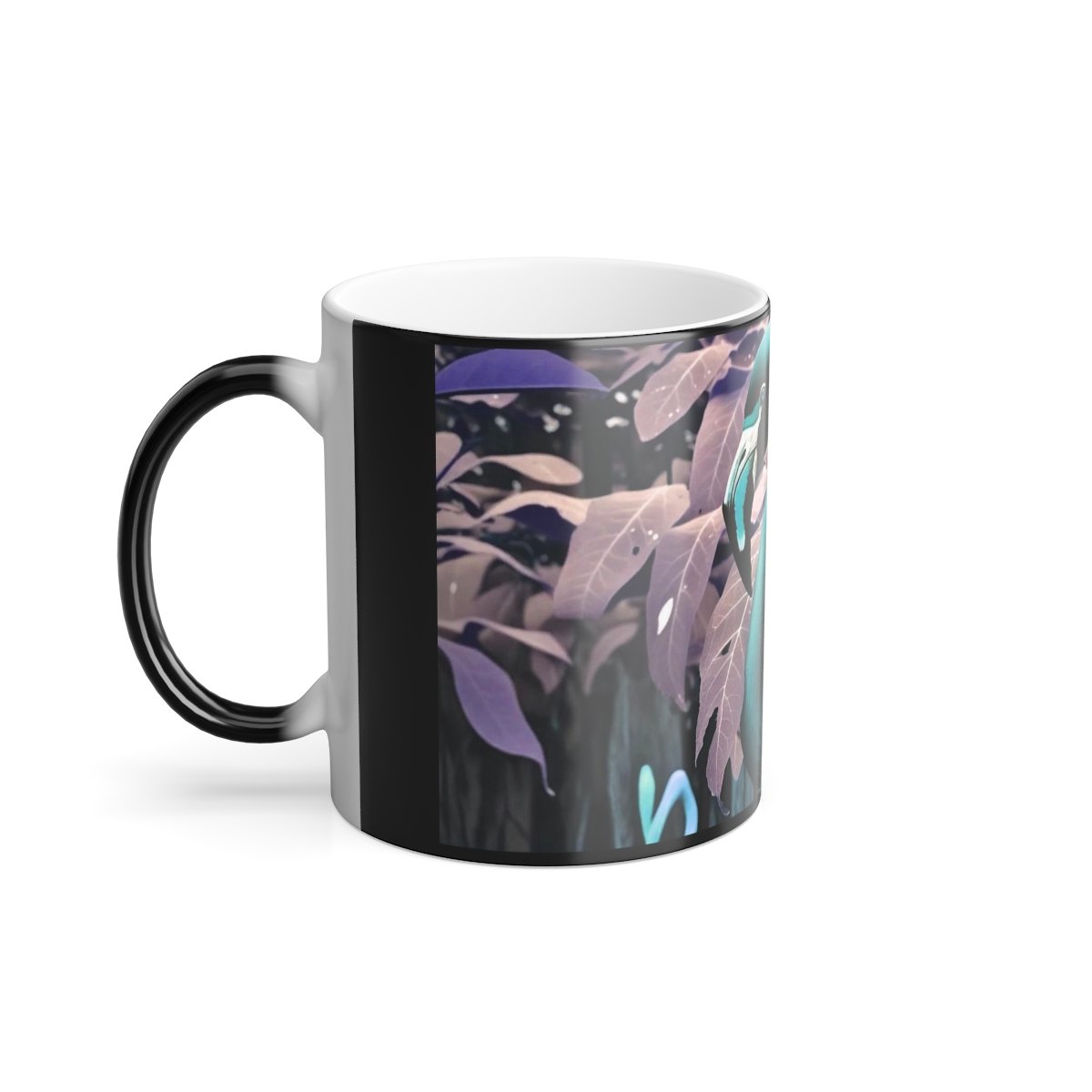 “Angled view of flamingo design glowing in neon pink and coral tones on a heat‑reveal mug.”