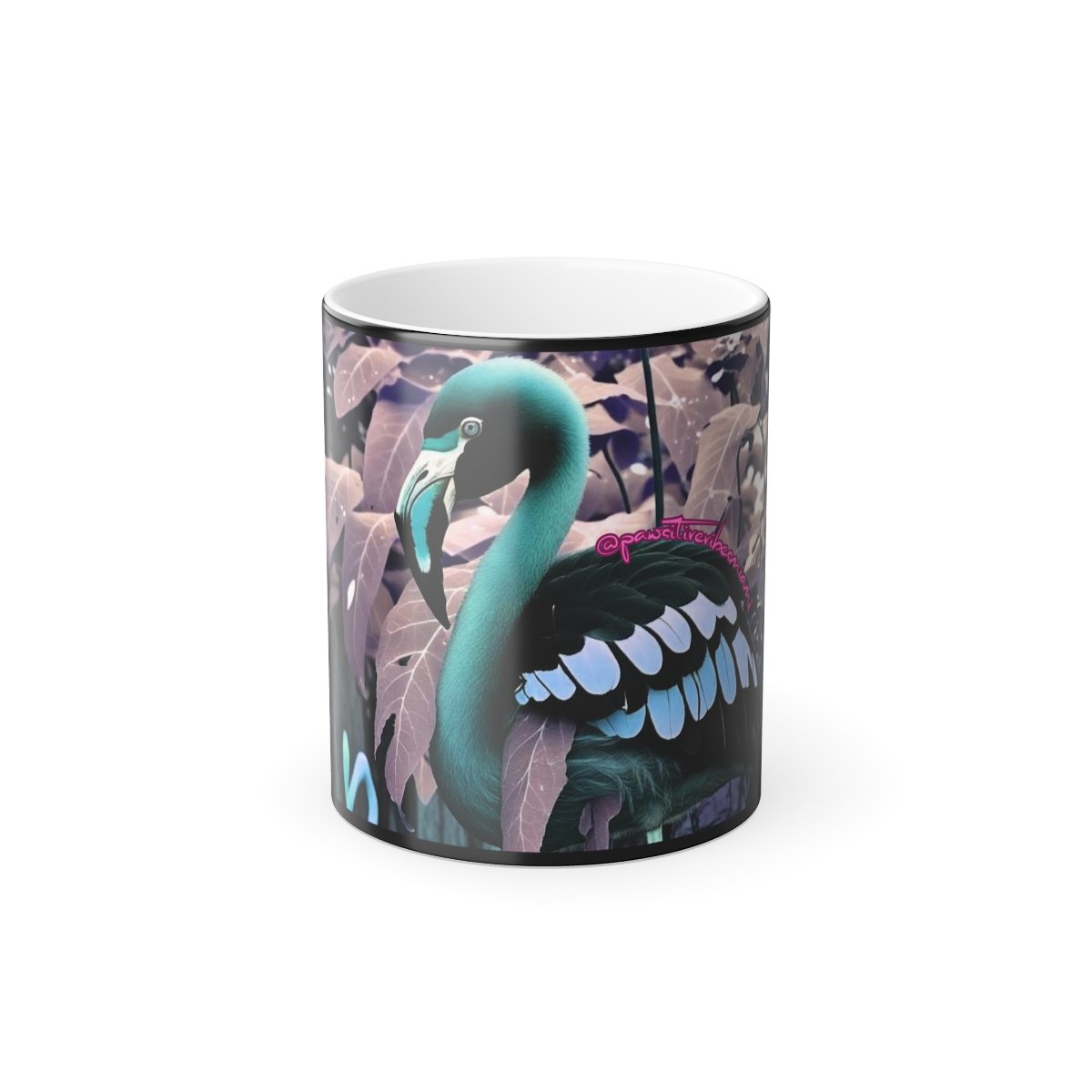 “Front view of color‑changing mug revealing an elegant flamingo in soft Miami‑pink tones when hot.”