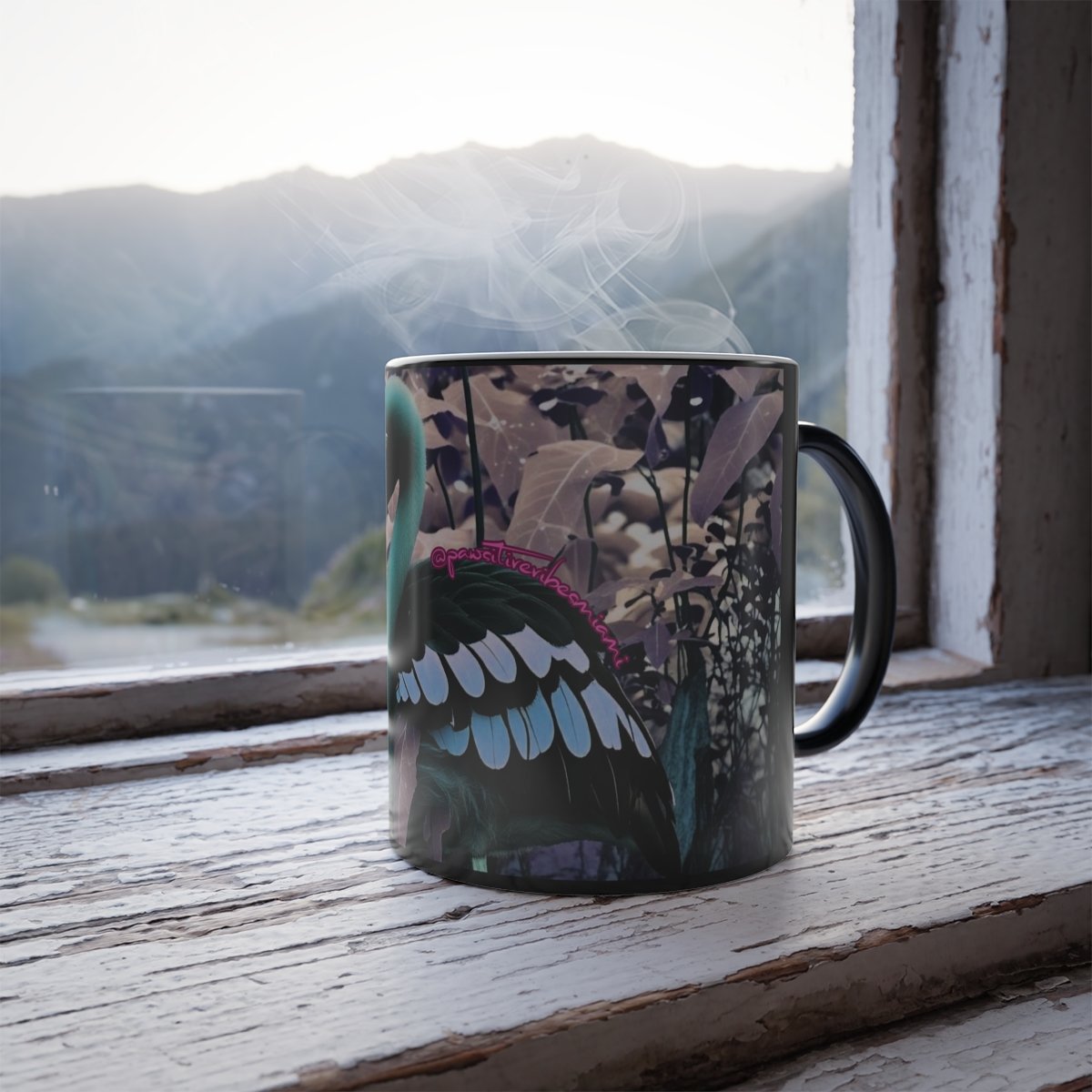 “Color‑changing ceramic mug featuring a graceful flamingo that appears when warm liquid is added.”