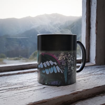 “Side angle of heat‑reveal flamingo artwork appearing in tropical Miami colors as the mug warms.”