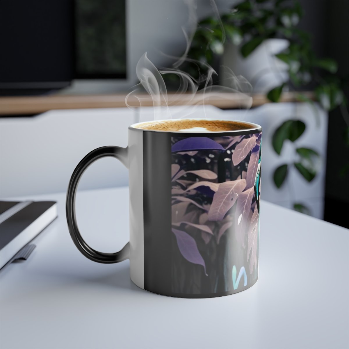 “Close‑up of heat‑activated flamingo illustration with radiant pink feathers on glossy ceramic mug.”