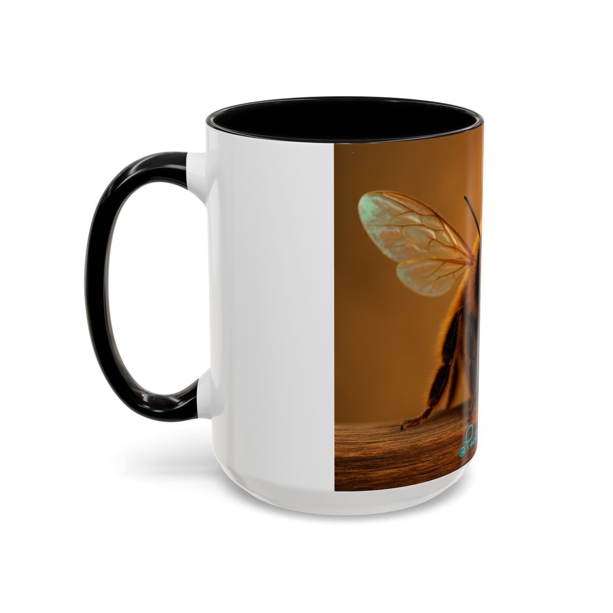 “Close‑up of detailed bee artwork printed on glossy ceramic mug with soft golden tones.”