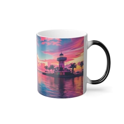 “Full‑wrap Miami sunset artwork with smooth gradient colors on a glossy mug.”