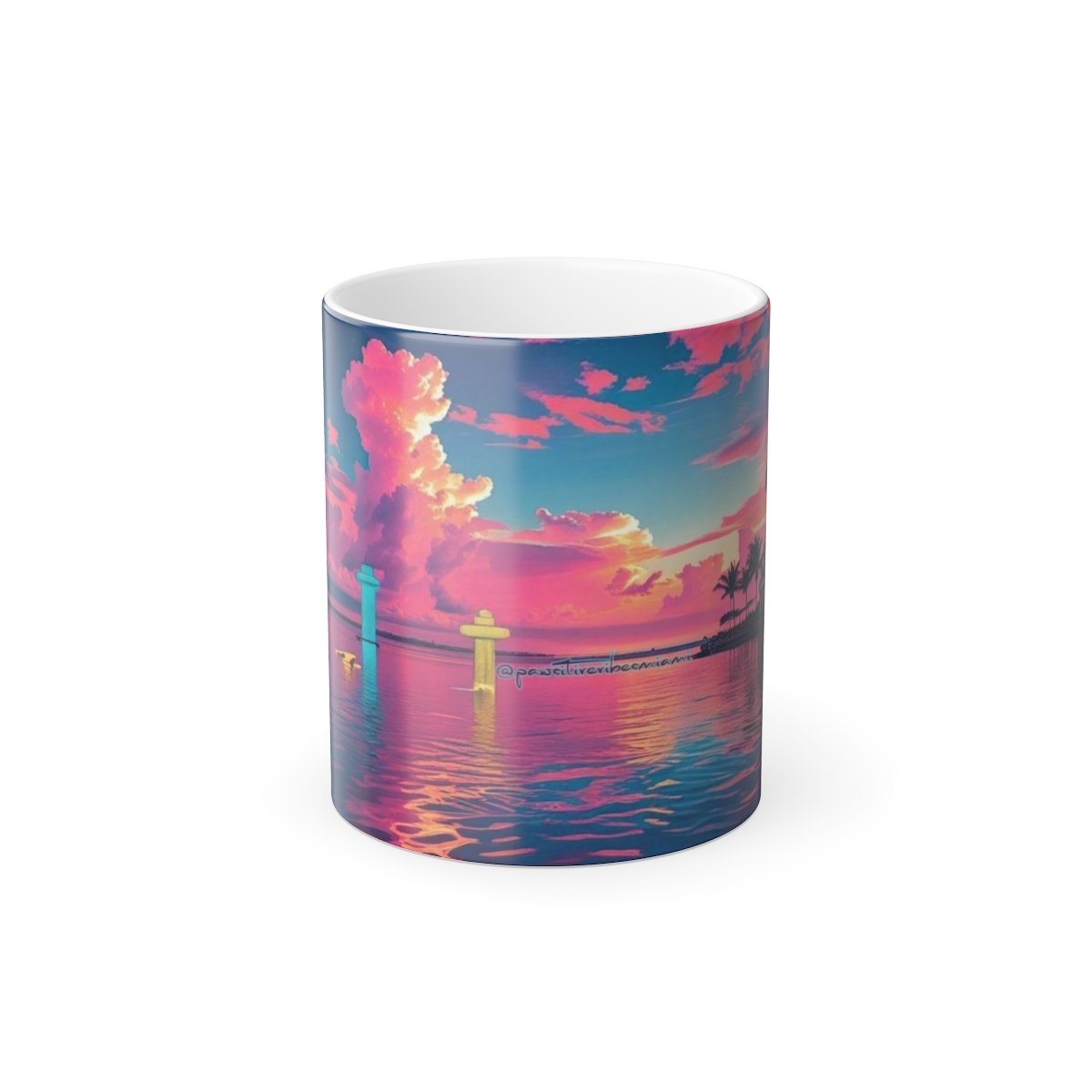 “Front view of ceramic mug featuring a glowing Miami sunset in warm pink, orange, and coral tones.”