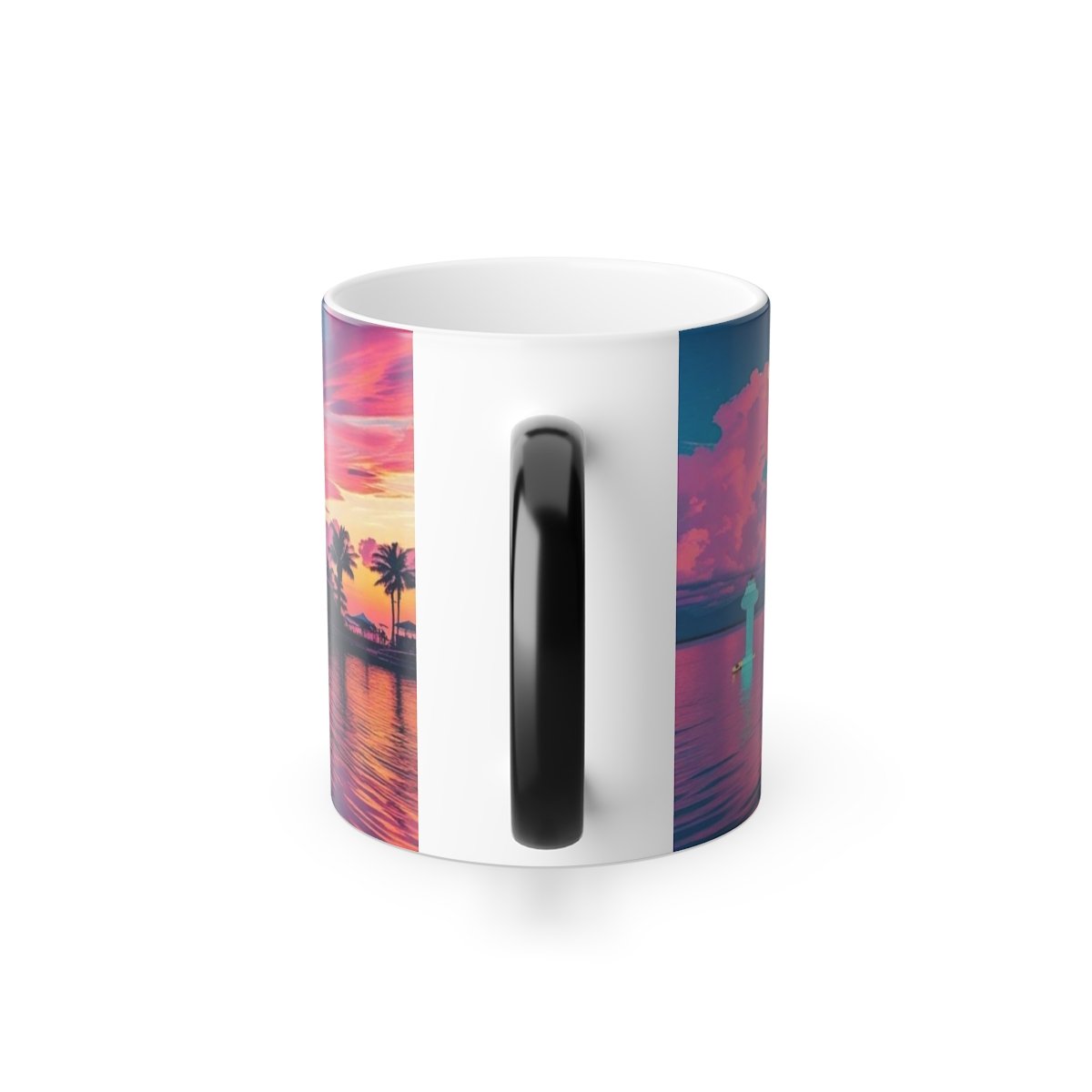 “Side angle of tropical Miami sunset artwork printed on a glossy ceramic mug.”