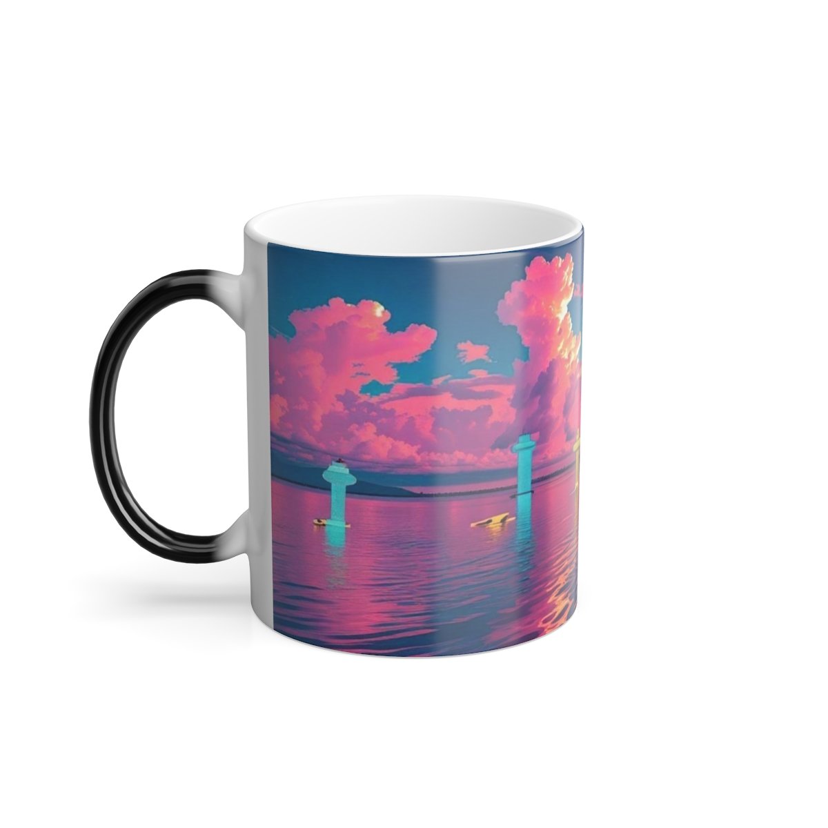 “Ceramic mug with soft, radiant Miami sunset blending pink, coral, and golden tones.”