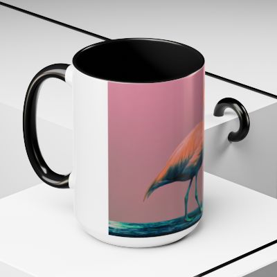 “Close‑up of flamingo illustration with neon‑pink feathers printed on glossy mug.”