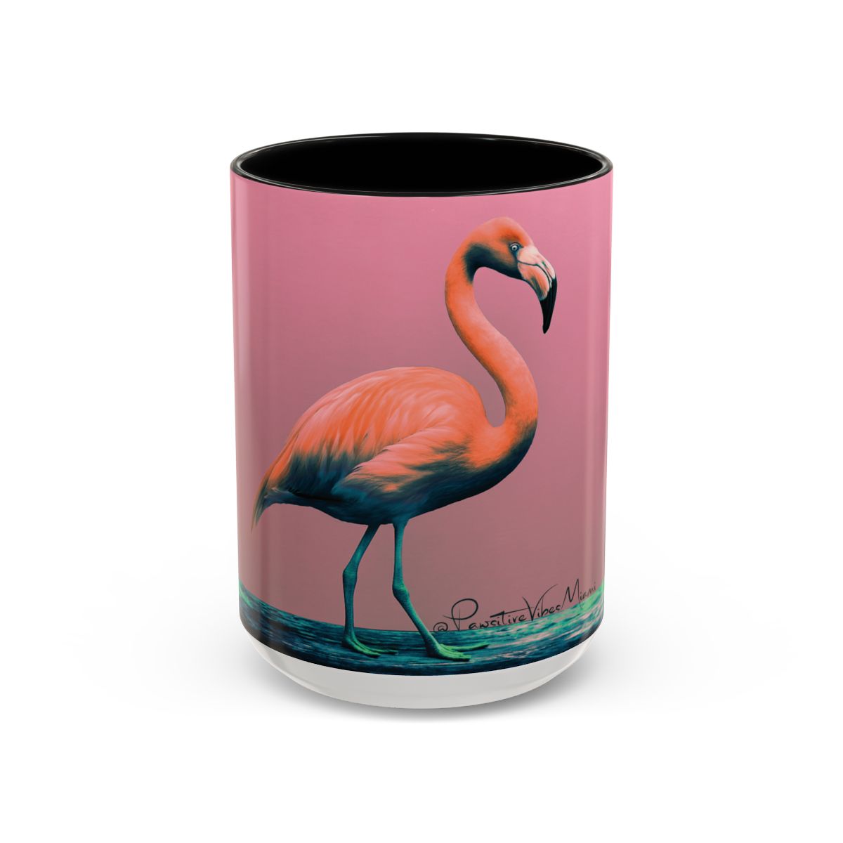 “Front view of ceramic mug featuring a regal flamingo in glowing Miami pink tones.”