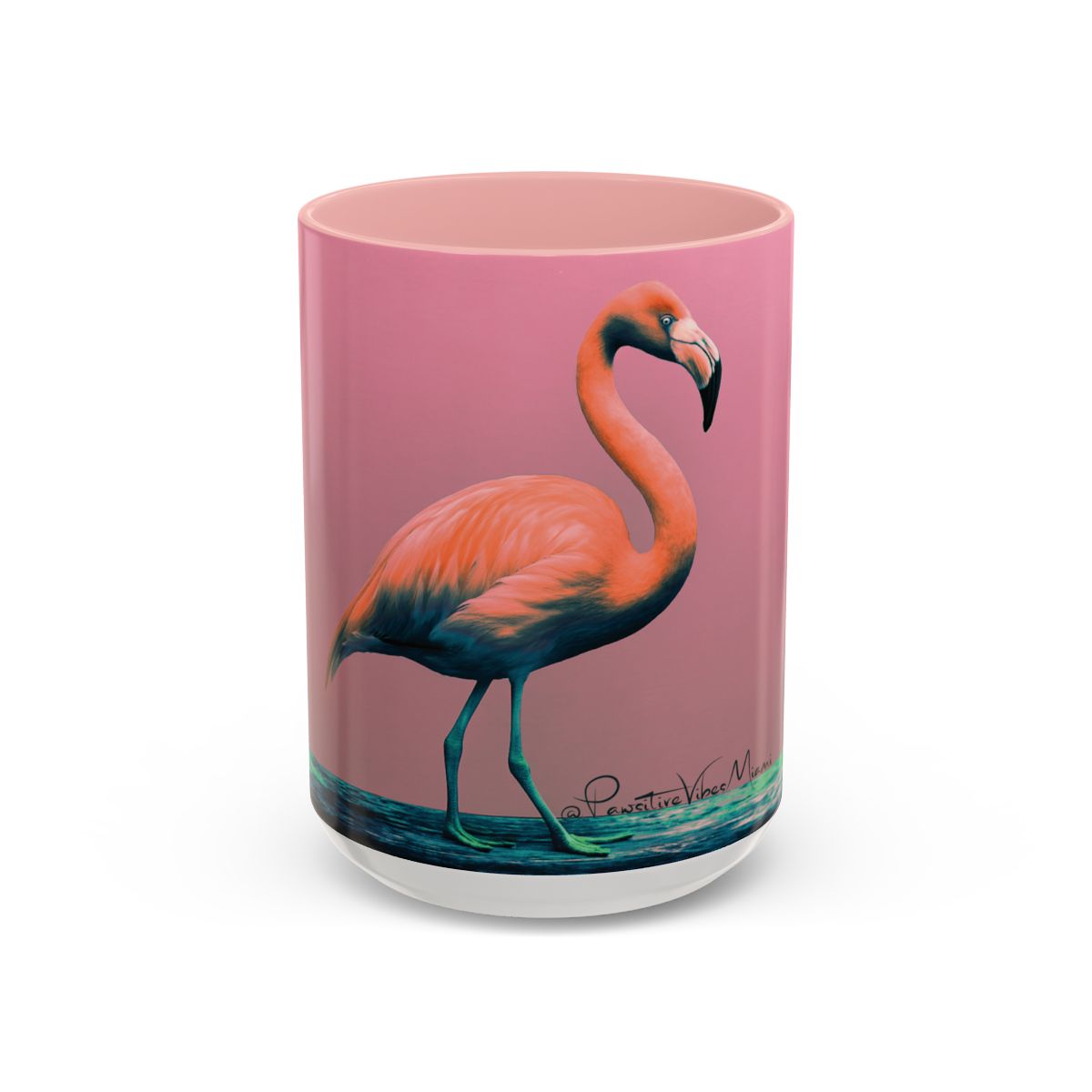 “Angled view of tropical flamingo design glowing in vibrant pink and coral tones.”