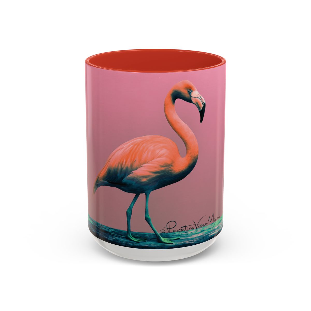 “Angled view of tropical flamingo design glowing in vibrant pink and coral tones.”