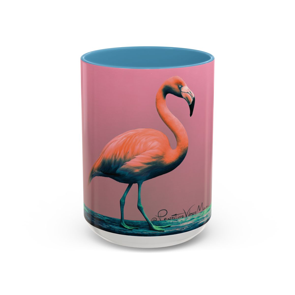 “Regal flamingo artwork blending neon pink and tropical warmth on a large ceramic mug.”