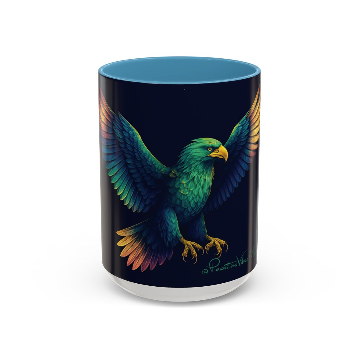 “Glossy mug showing majestic eagle silhouette rising through Alaska’s dawn light.”